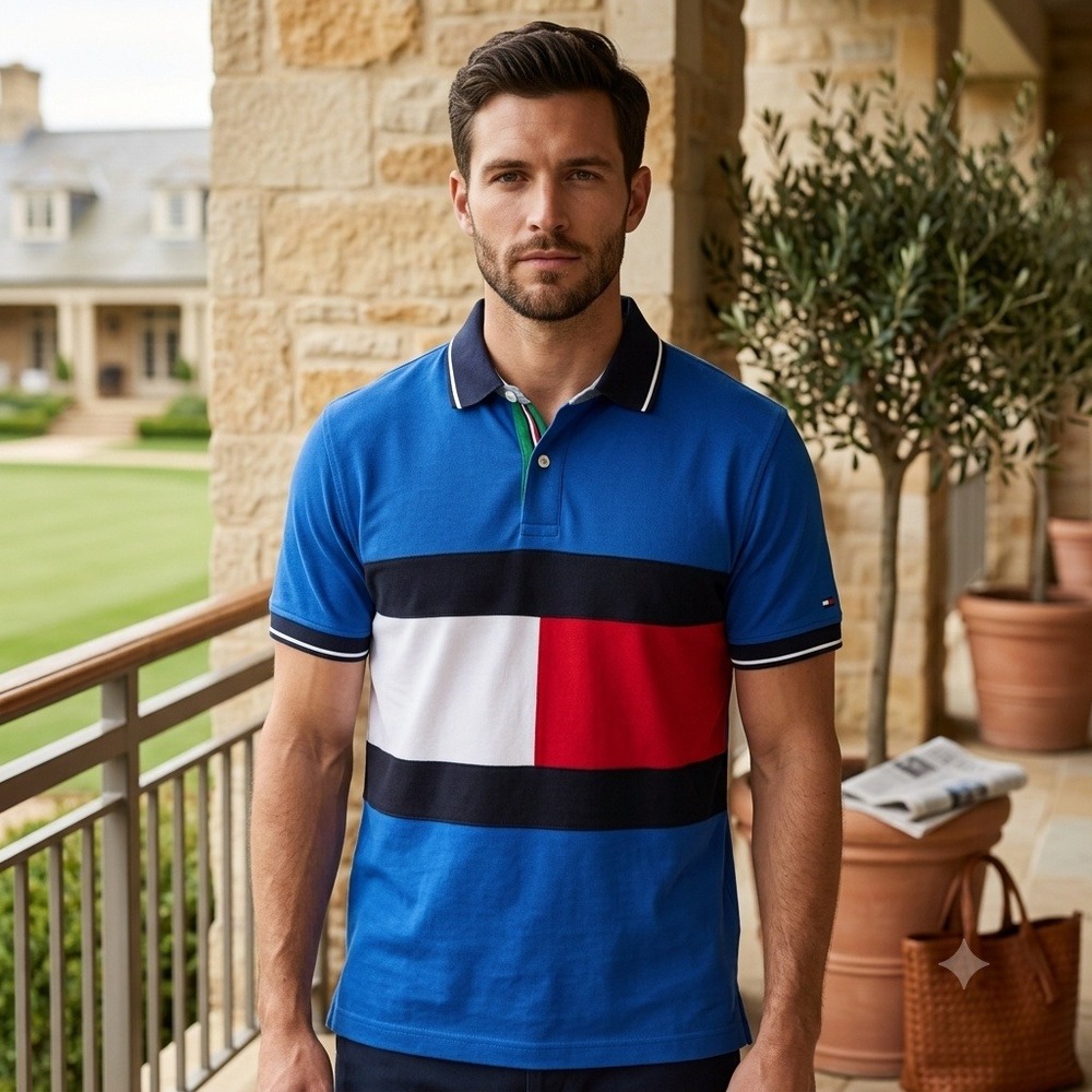 Tommy Hilfiger James Colour Block Polo Shirt Mens Sz XL Regular Fit Stretch Blue
